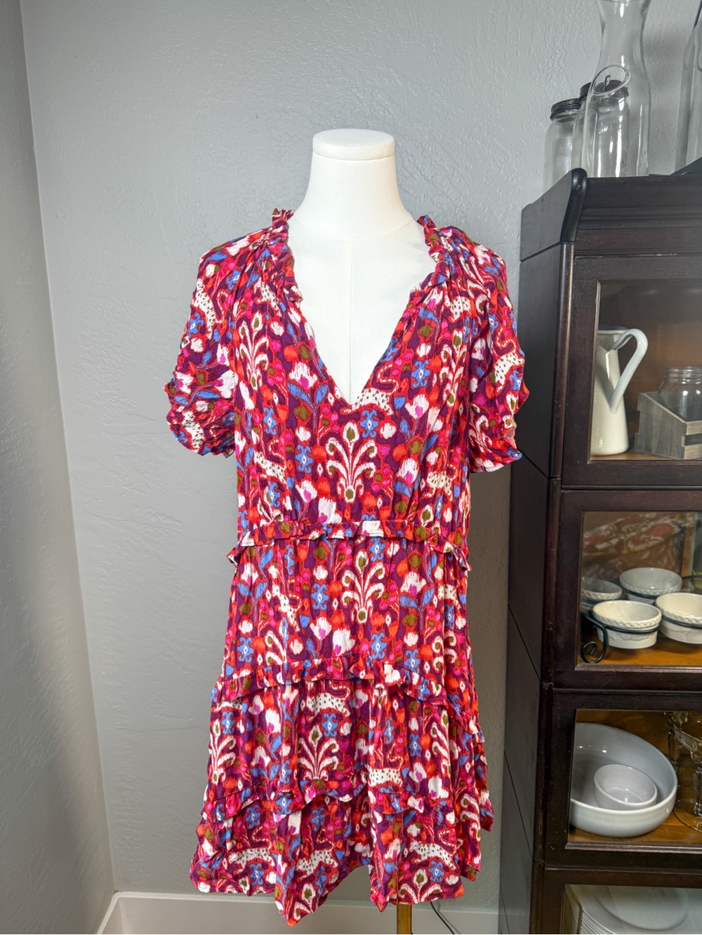 Anthropologie Printed Tiered Ruffle Mini Dress Pink Red Boho Size S